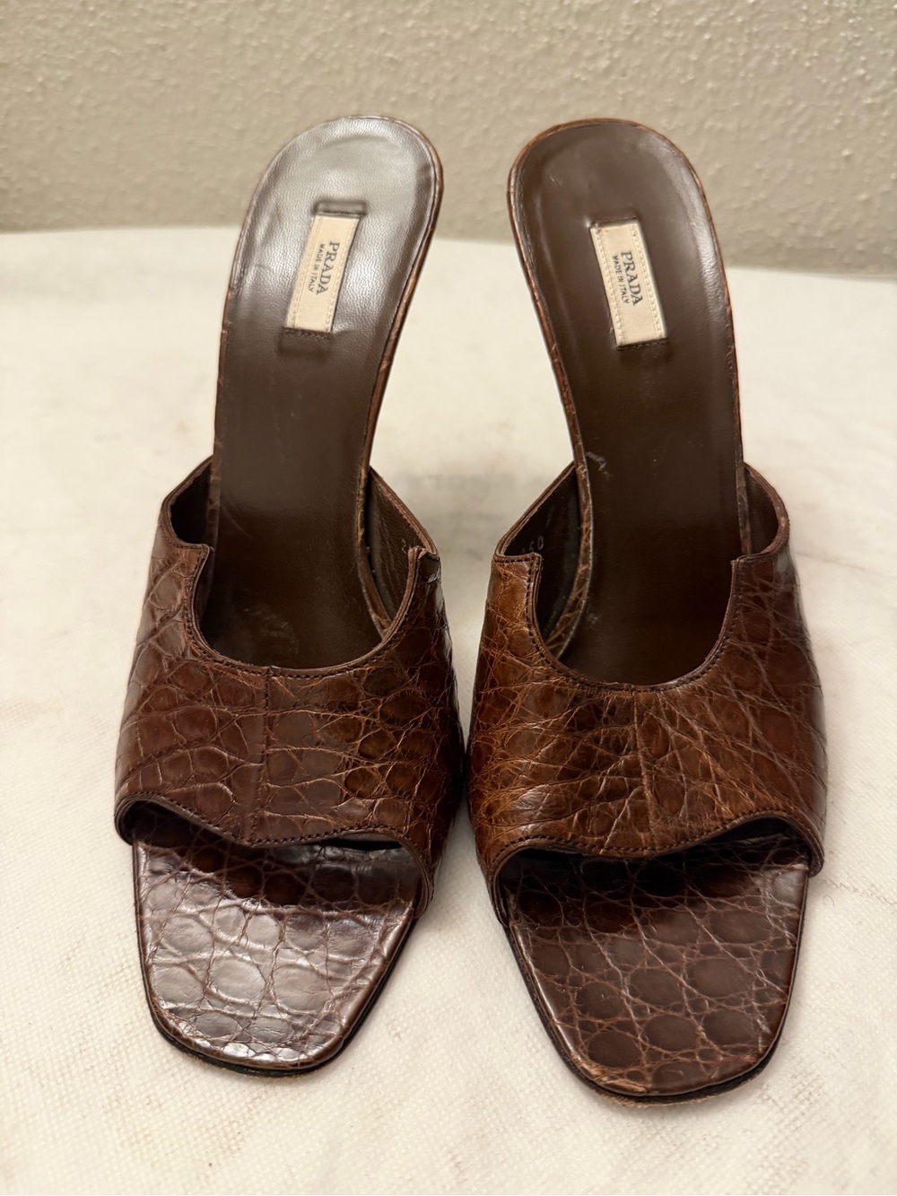 Prada Brown Croc-Embossed Open-Toe Mule Slides, pre-owned, SZ8.5